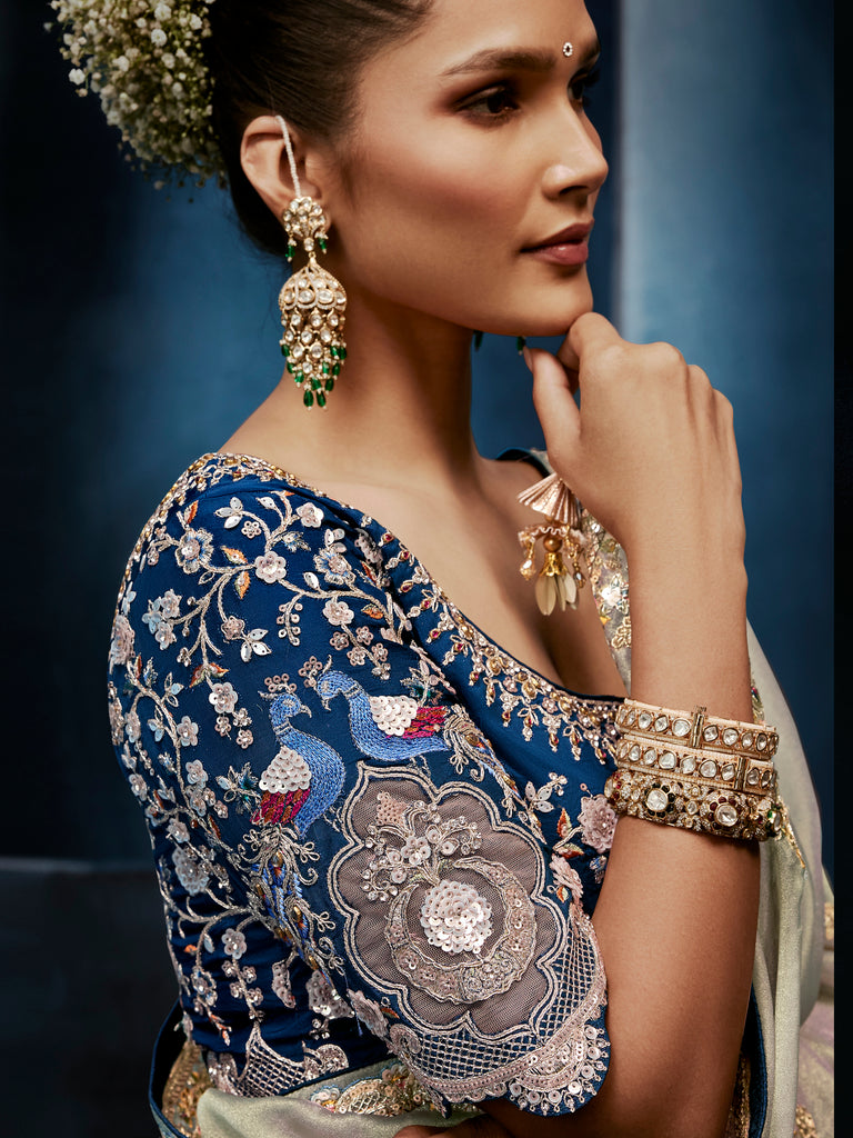 Magnificent Grey Sequins Silk Festive Wear Saree With Blouse