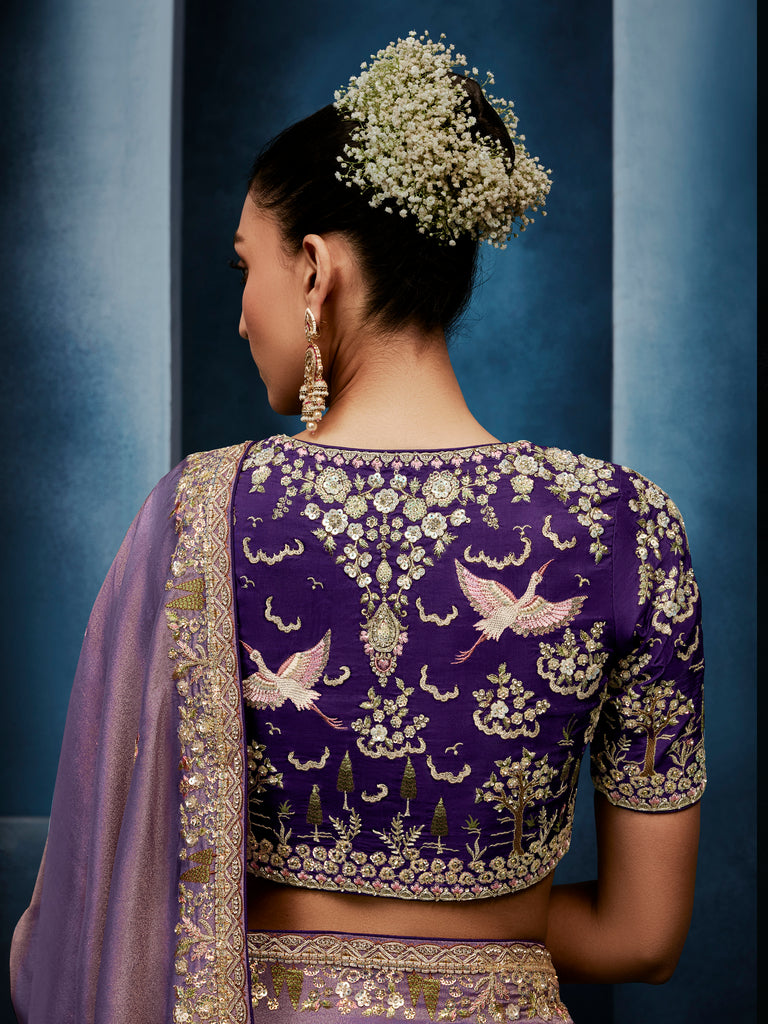 Pretty Lavender Hand Embroidery Silk Engagement Wear Saree With Blouse