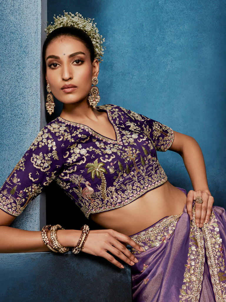 Pretty Lavender Hand Embroidery Silk Engagement Wear Saree With Blouse