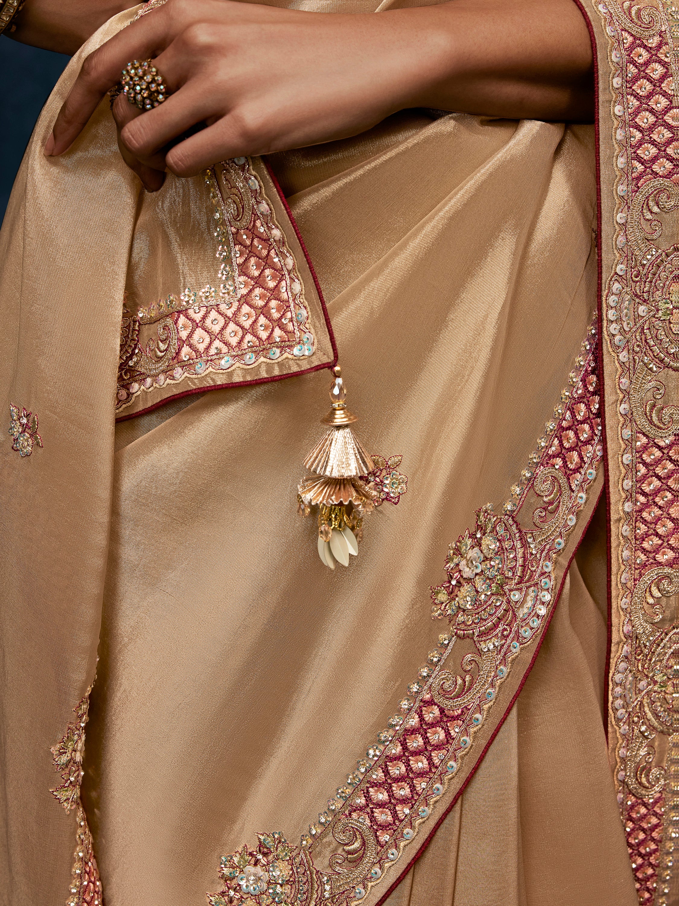 Charming Beige Embroidered Silk Reception Wear Saree With Blouse