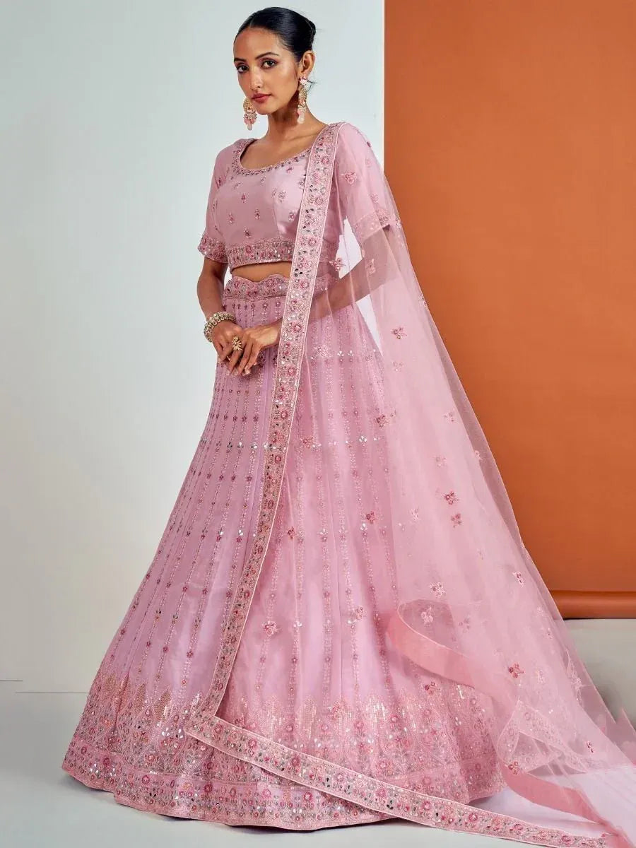 Pink embroidered lehenga choli with sheer dupatta, Indian ethnic wear for weddings and occasions