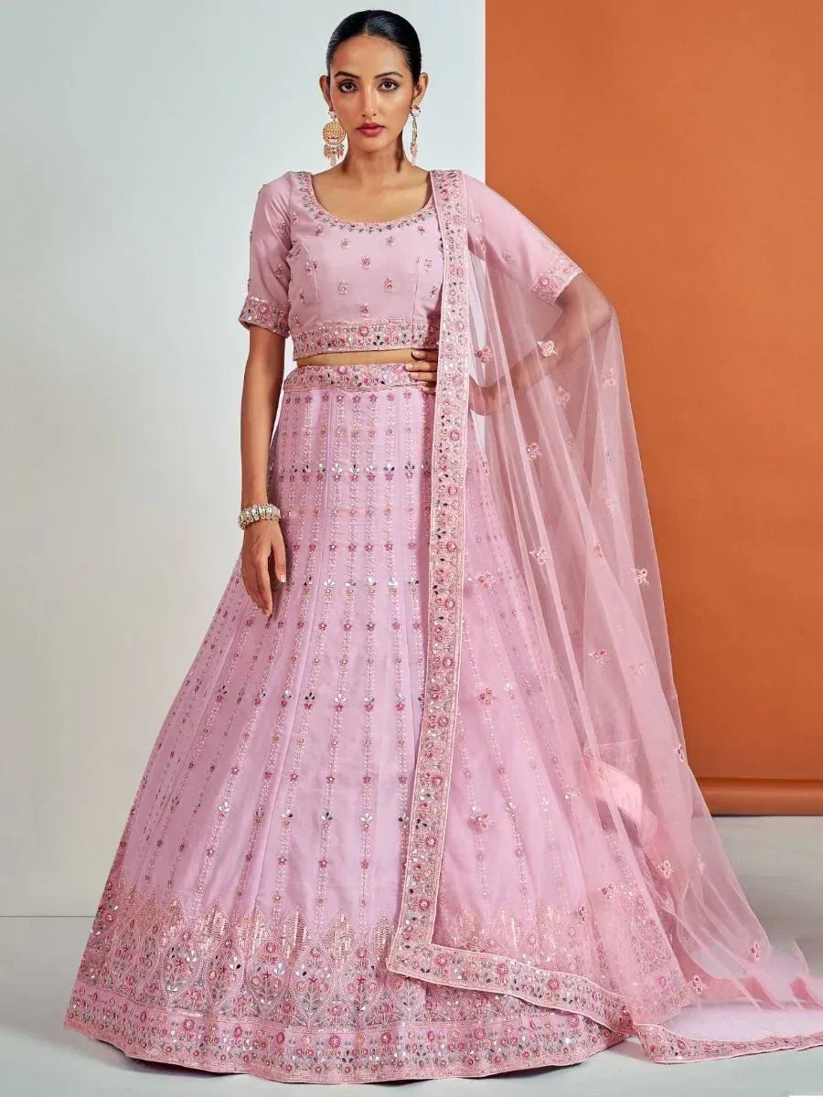 Pink embroidered lehenga choli with sheer dupatta, Indian ethnic wear for weddings and parties