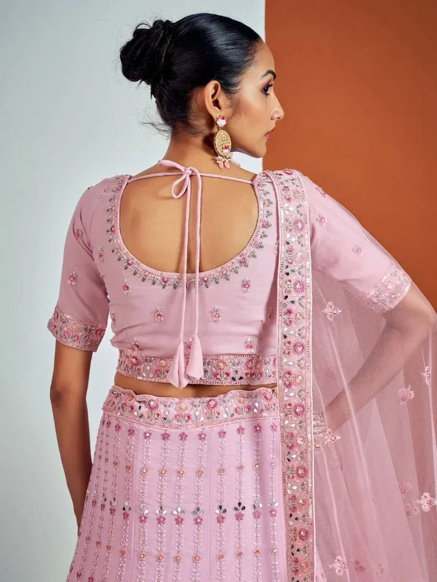 Pink embroidered lehenga choli with back tie blouse and sheer dupatta, Indian ethnic wear