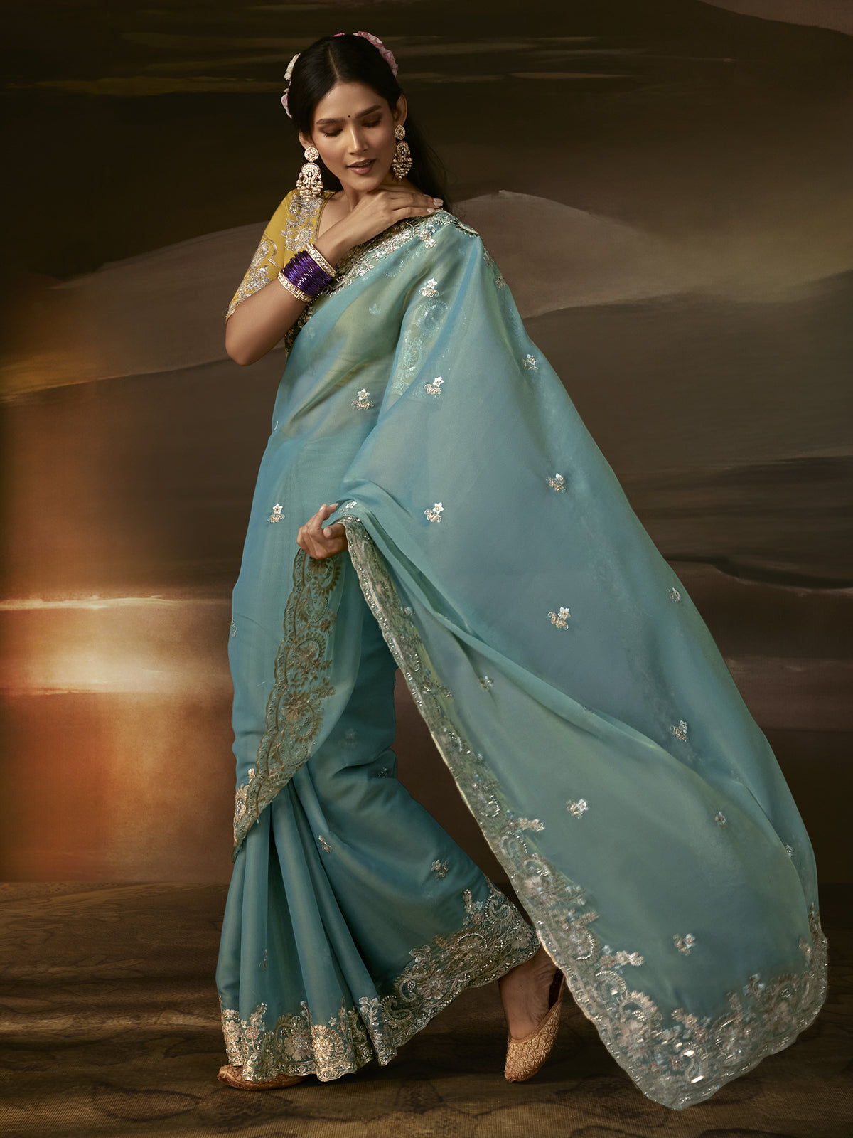 Grand Aqua Blue Aari Work Organza Wedding Wear Saree With Blouse