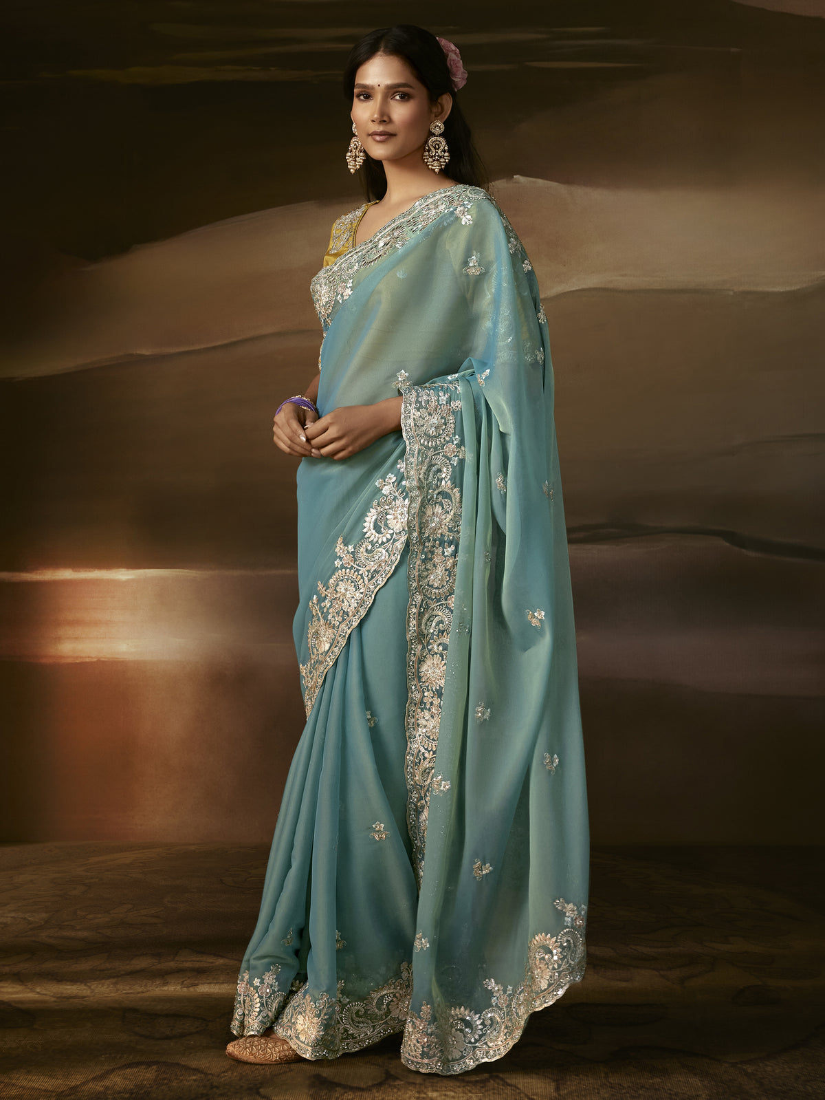 Grand Aqua Blue Aari Work Organza Wedding Wear Saree With Blouse