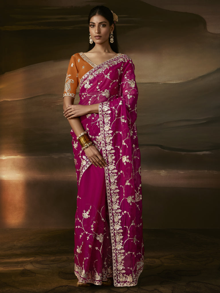Pretty Rani Pink Zari Embroidery Organza Designer Saree With Blouse