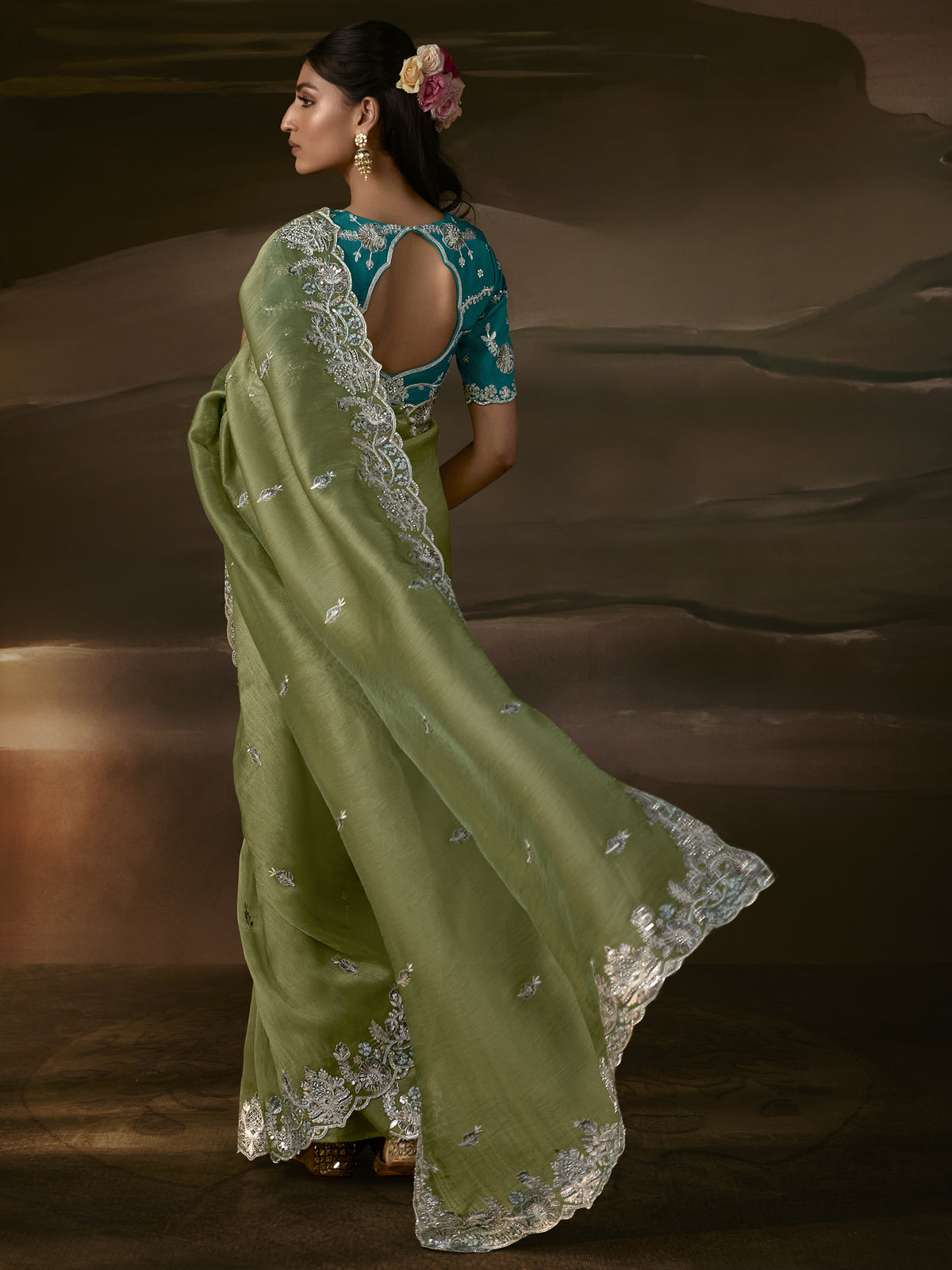 Alluring Olive Green Gota Work Organza Mehendi Wear Saree With Blouse