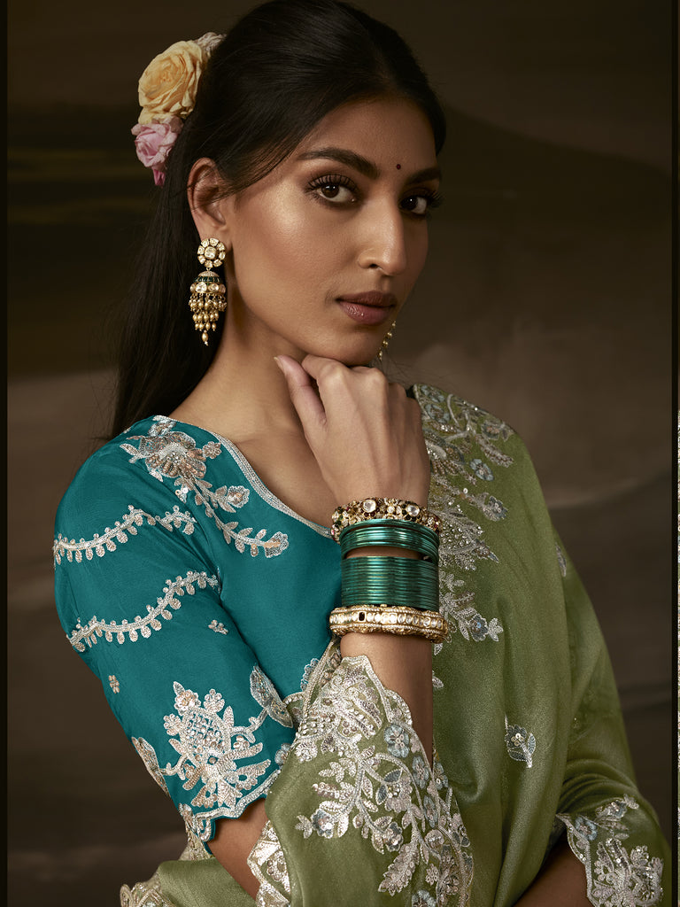 Alluring Olive Green Gota Work Organza Mehendi Wear Saree With Blouse