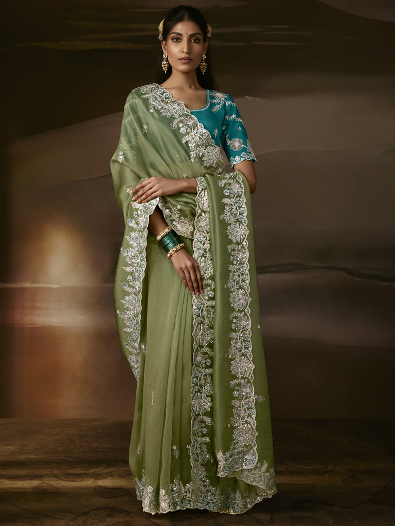 Alluring Olive Green Gota Work Organza Mehendi Wear Saree With Blouse
