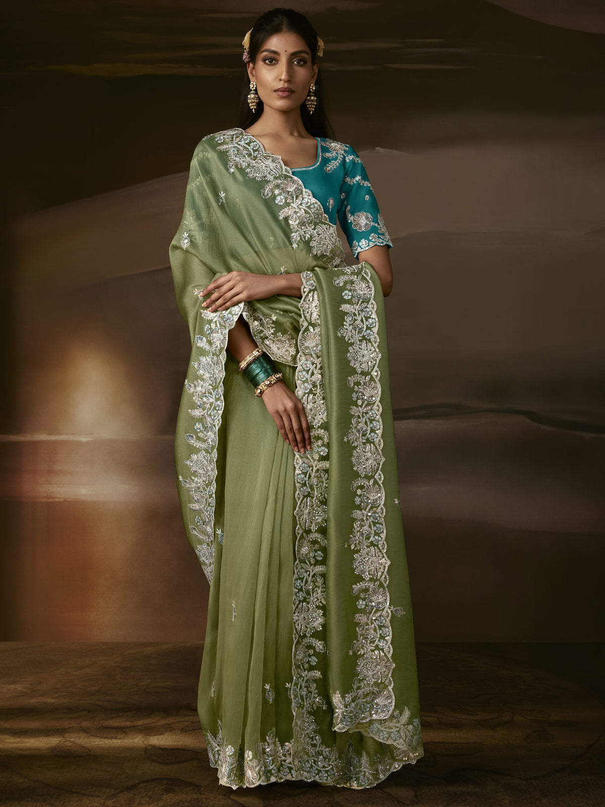 Alluring Olive Green Gota Work Organza Mehendi Wear Saree With Blouse