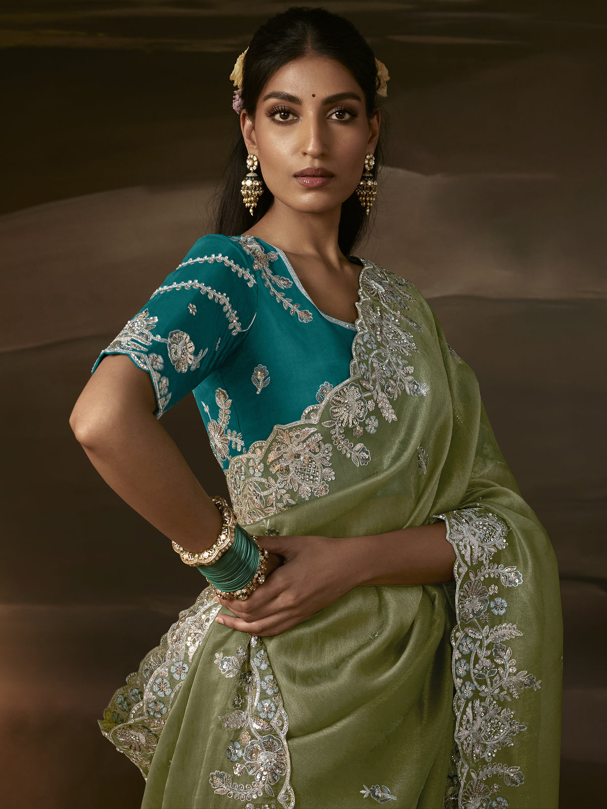 Alluring Olive Green Gota Work Organza Mehendi Wear Saree With Blouse