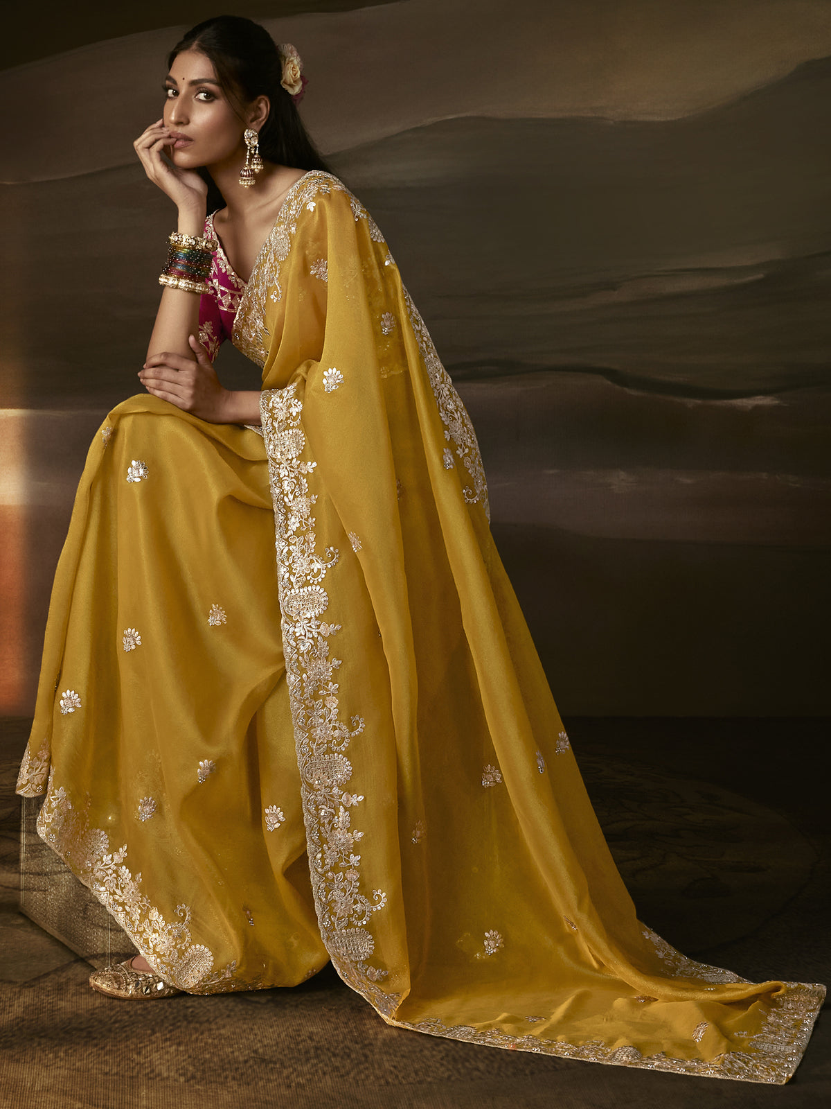 Lovely Mustard Yellow Embroidered Organza Saree With Blouse