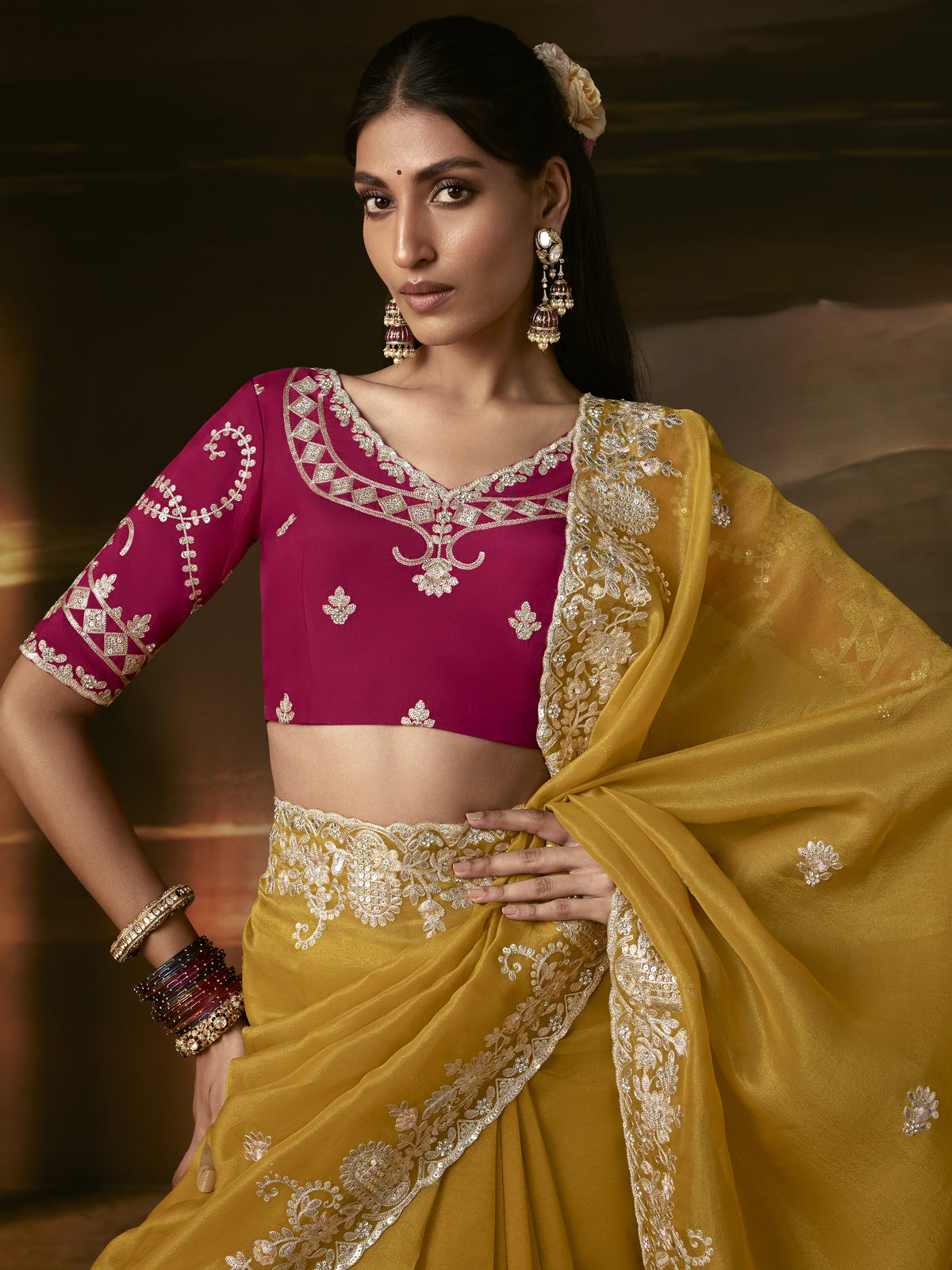 Lovely Mustard Yellow Embroidered Organza Saree With Blouse