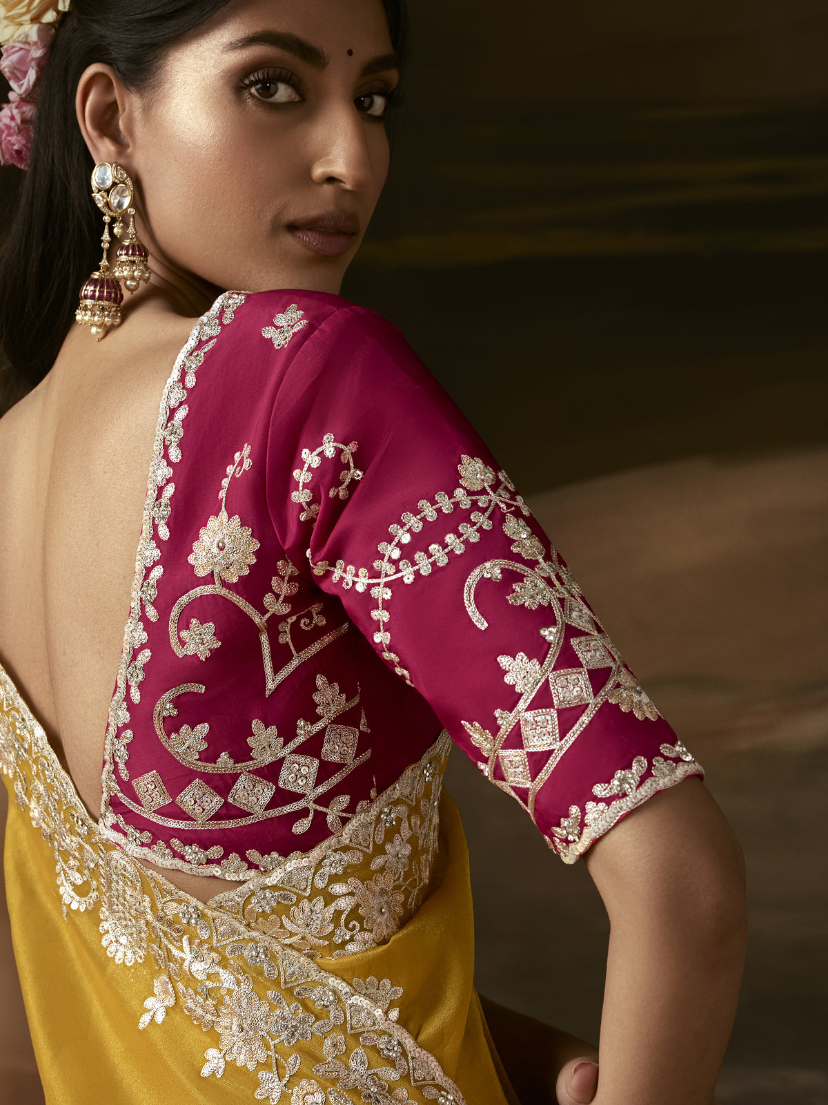 Lovely Mustard Yellow Embroidered Organza Saree With Blouse