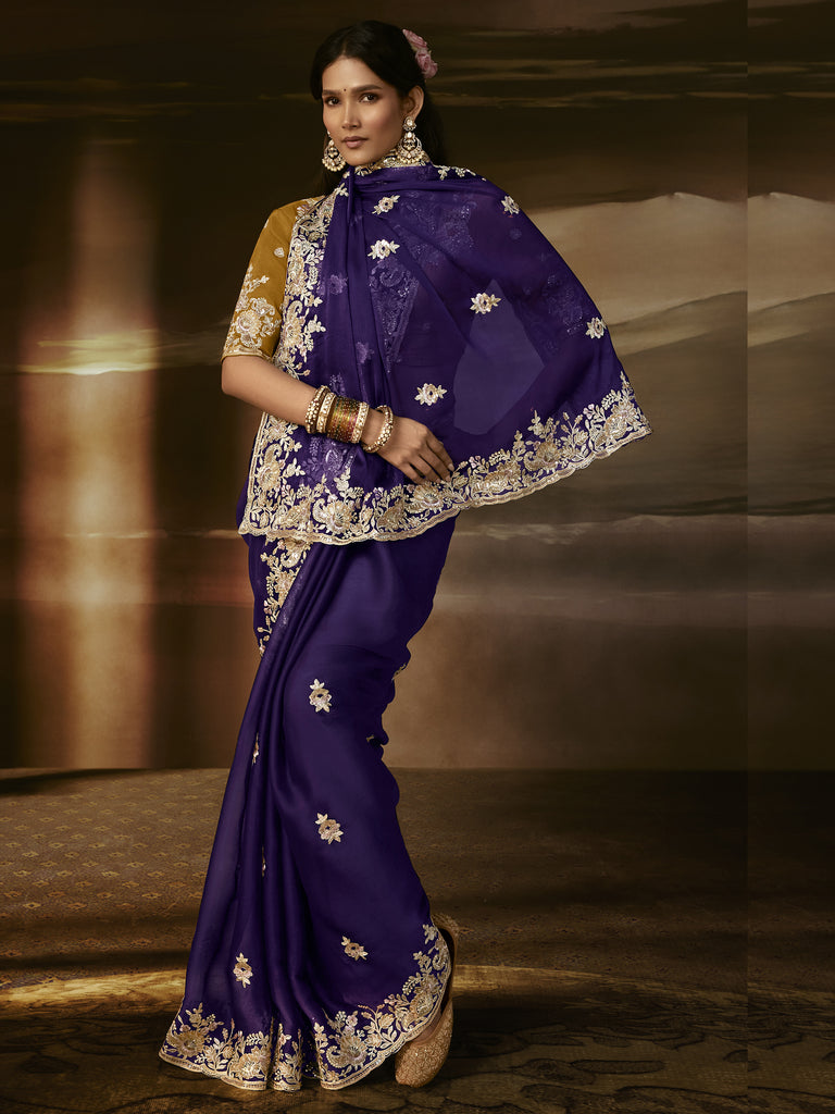 Elegant Purple Sequins Organza Wedding Wear Saree With Blouse