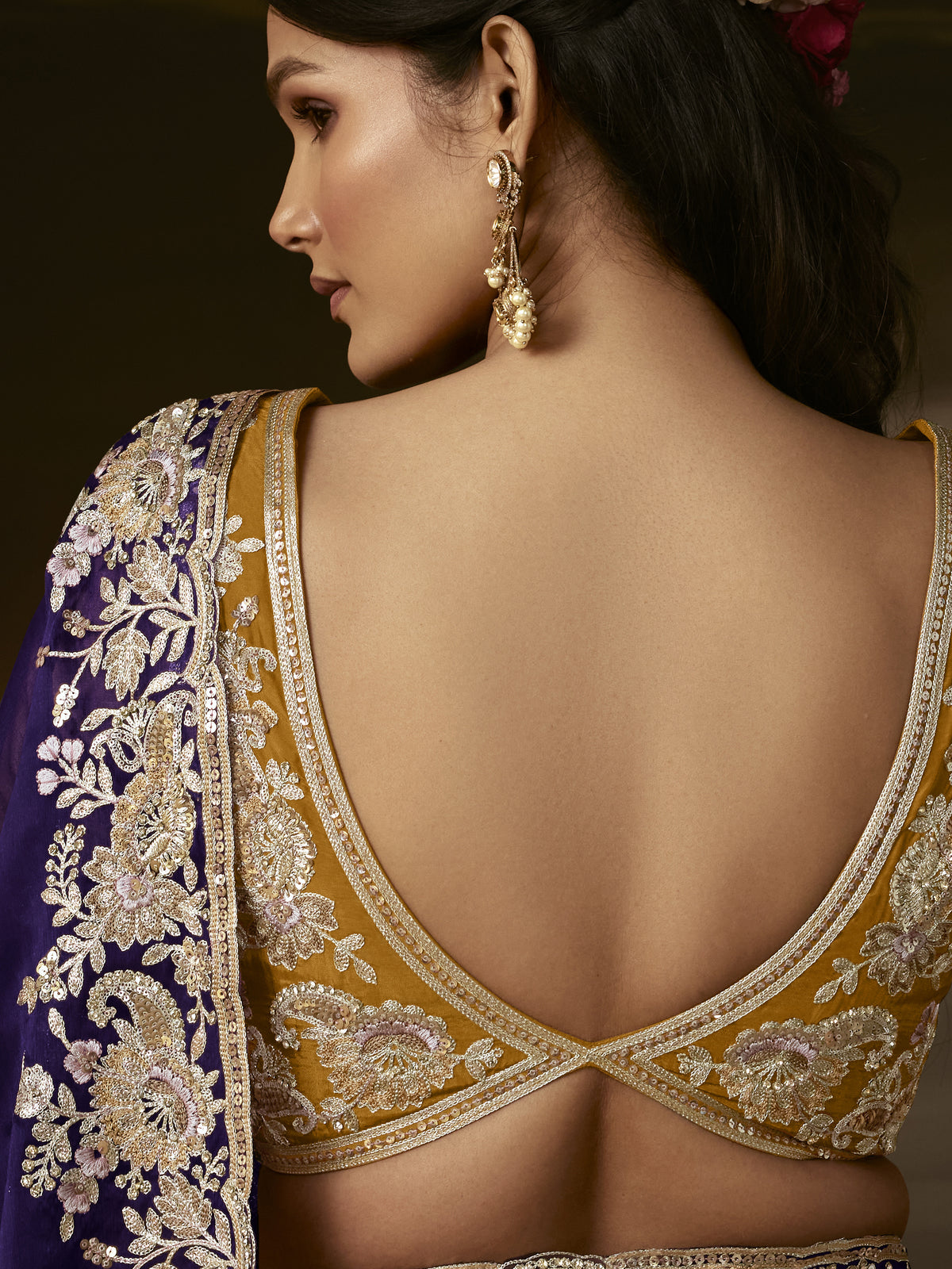 Elegant Purple Sequins Organza Wedding Wear Saree With Blouse