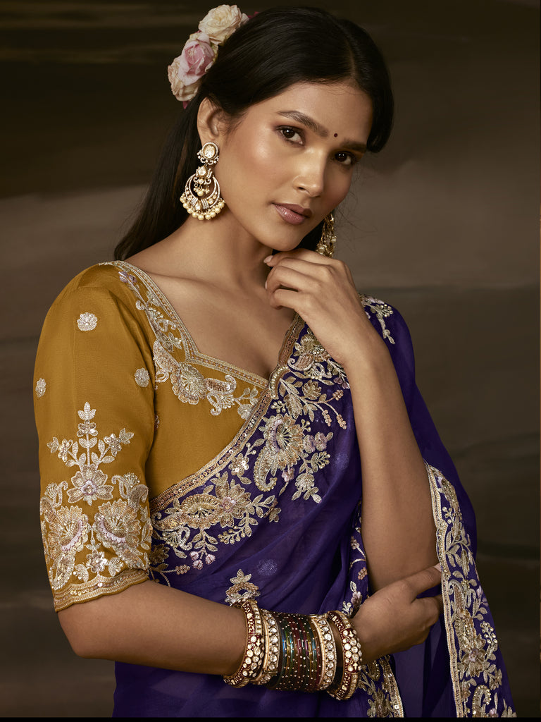 Elegant Purple Sequins Organza Wedding Wear Saree With Blouse