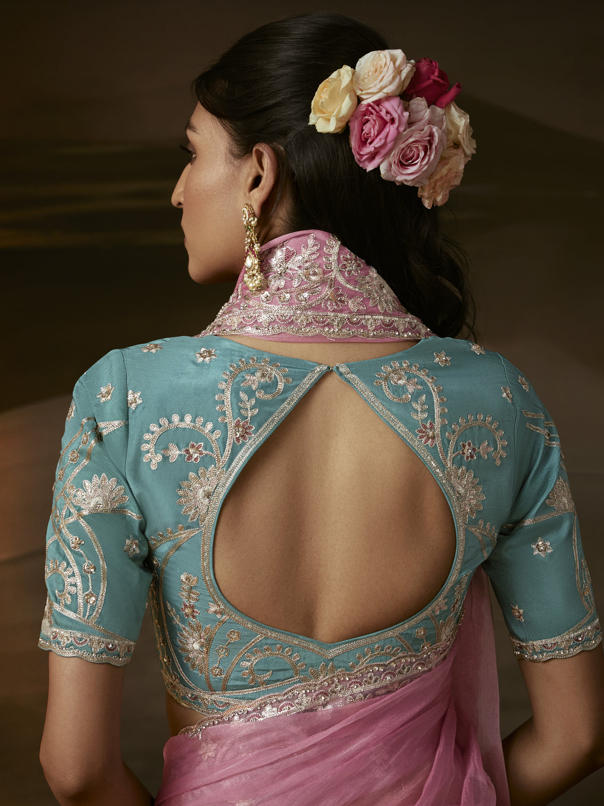 Radiant Pink Aari Work Organza Engagement Wear Saree With Blouse