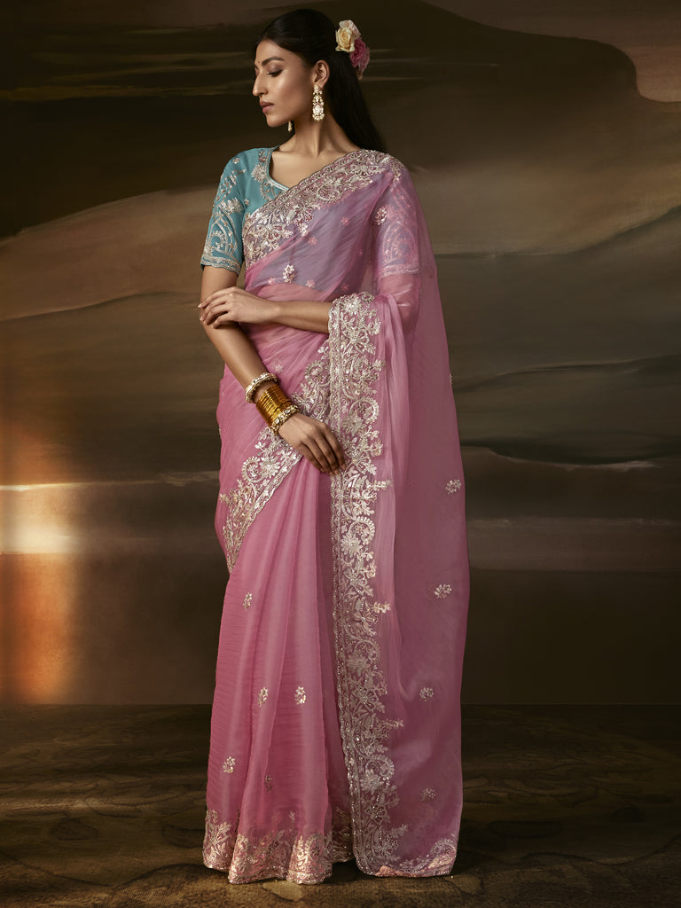 Radiant Pink Aari Work Organza Engagement Wear Saree With Blouse