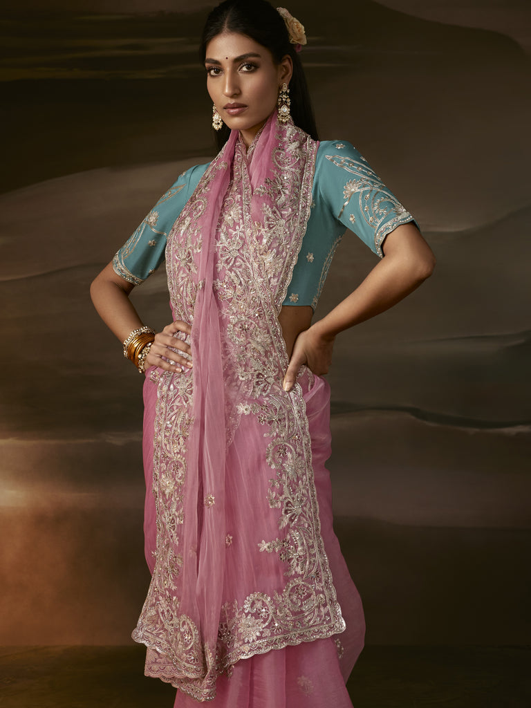 Radiant Pink Aari Work Organza Engagement Wear Saree With Blouse