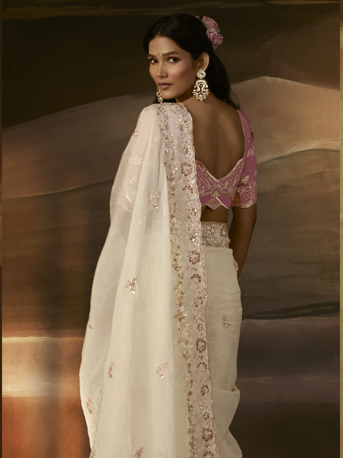 Classy Off-White Floral Embroidery Organza Traditional Saree With Blouse