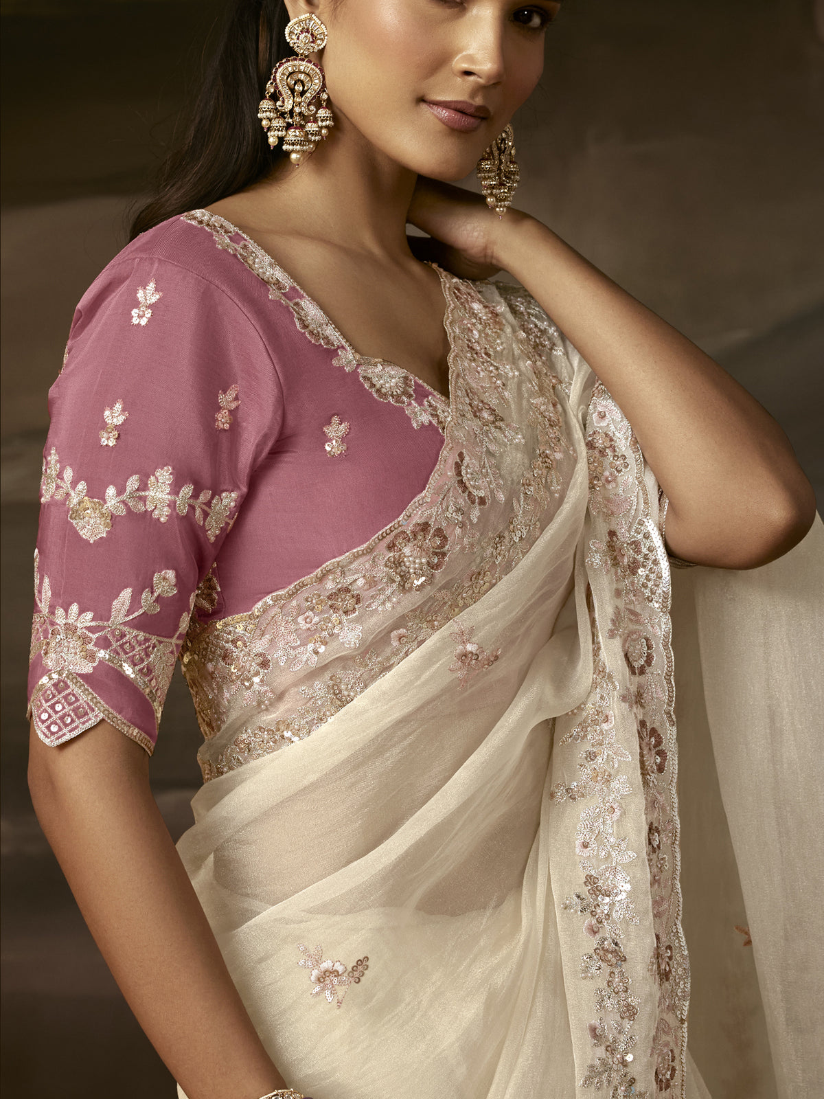 Classy Off-White Floral Embroidery Organza Traditional Saree With Blouse