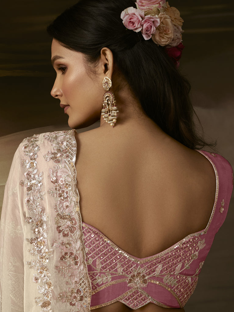 Classy Off-White Floral Embroidery Organza Traditional Saree With Blouse