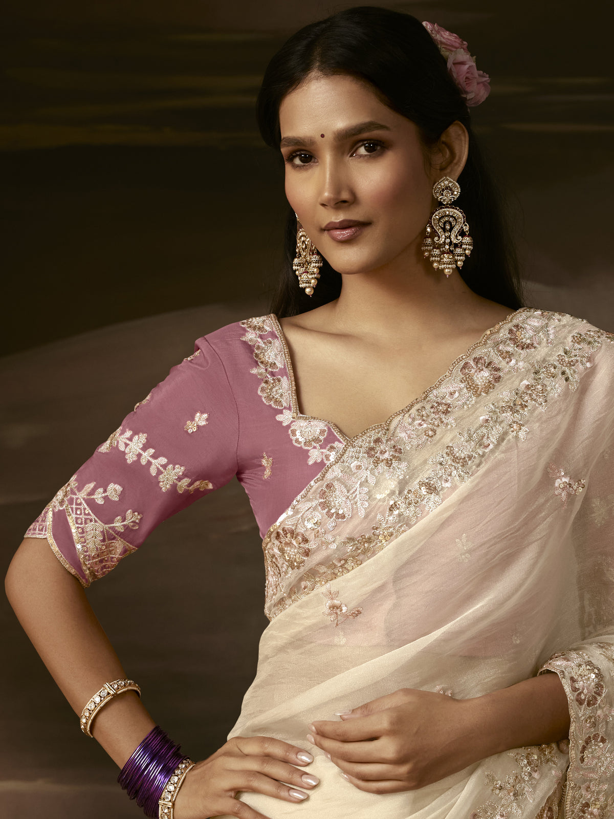 Classy Off-White Floral Embroidery Organza Traditional Saree With Blouse