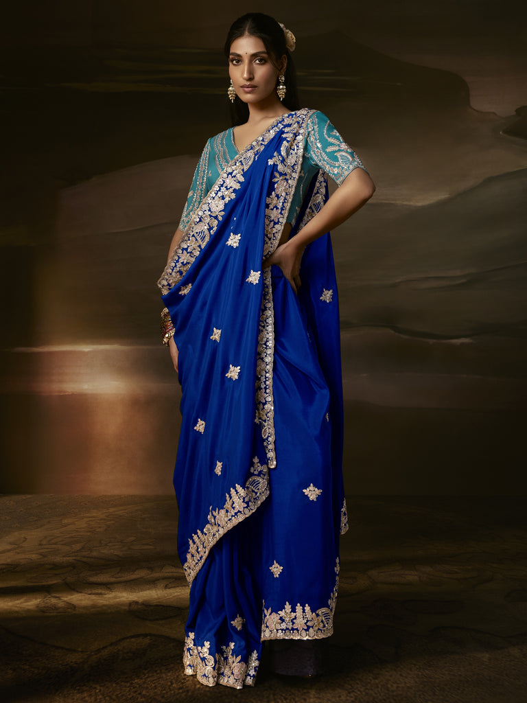 Graceful Royal Blue Embroidered Organza Evening Wear Saree With Blouse