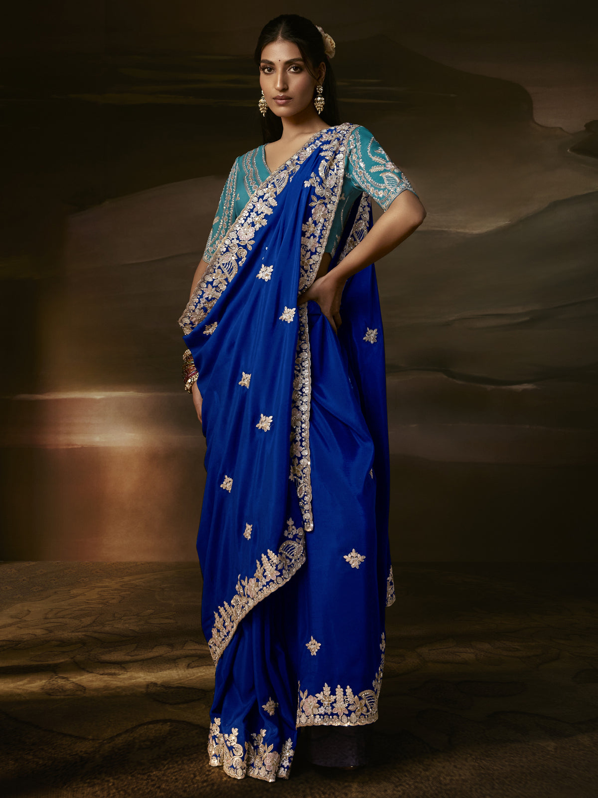 Graceful Royal Blue Embroidered Organza Evening Wear Saree With Blouse