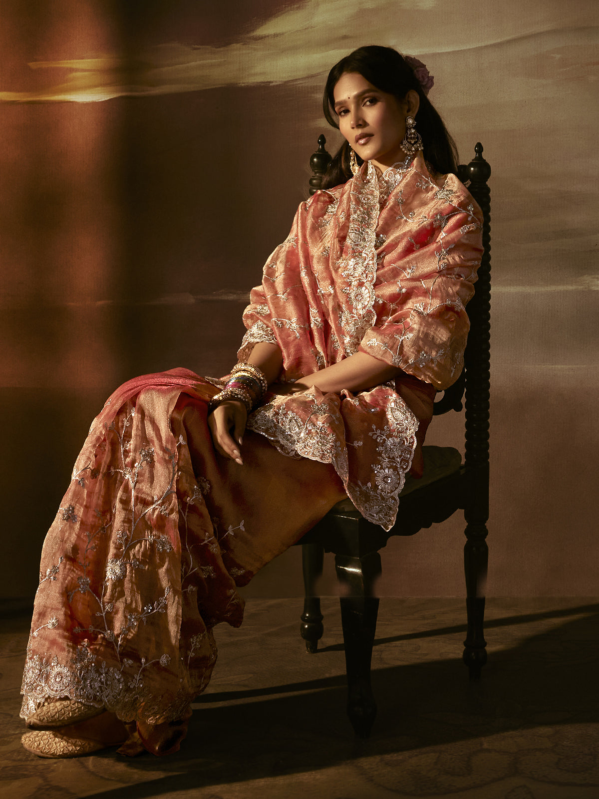 Exquisite Peach Aari Work Organza Reception Wear Saree With Blouse