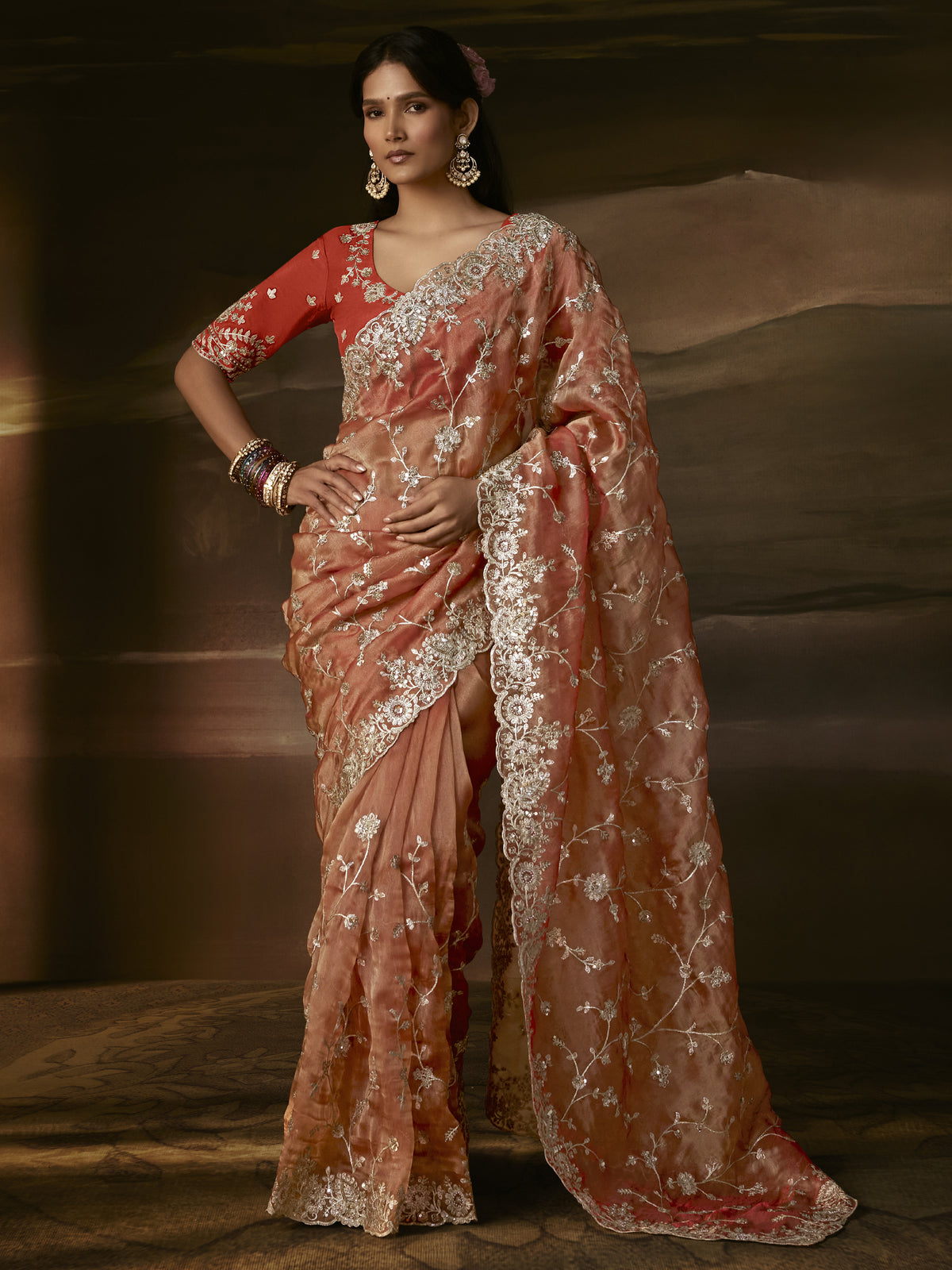 Exquisite Peach Aari Work Organza Reception Wear Saree With Blouse