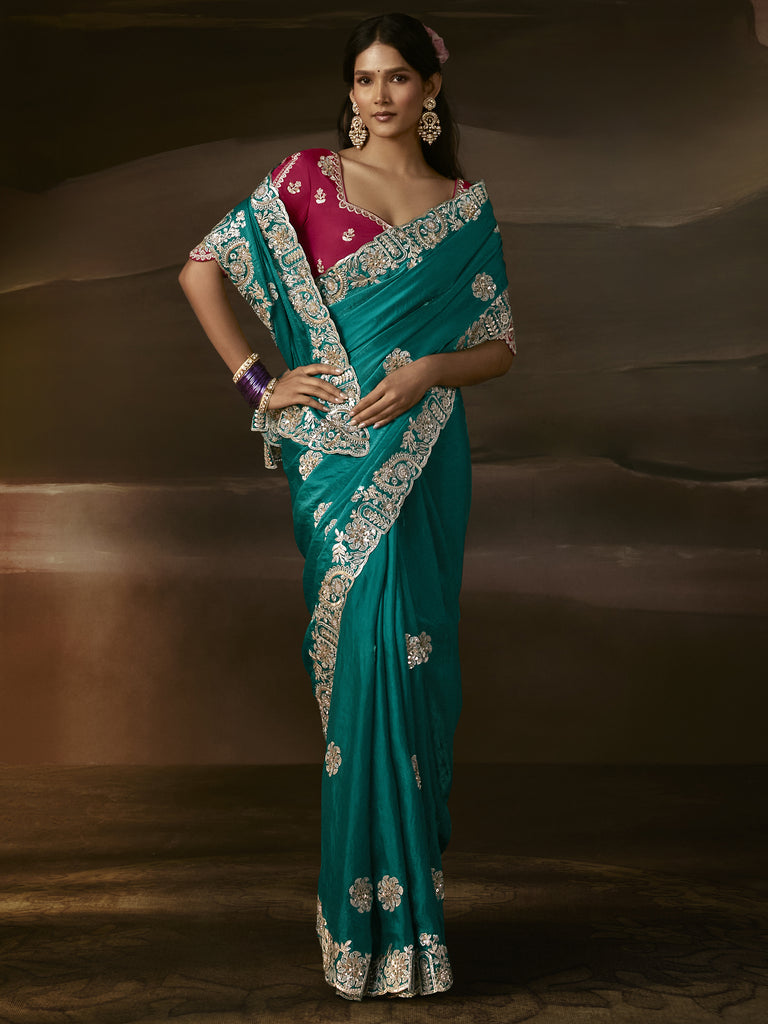 Superb Teal Green Sequins Organza Party Wear Saree With Blouse