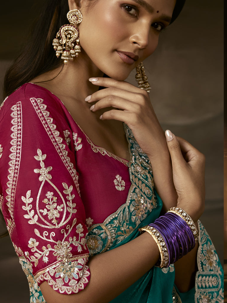 Superb Teal Green Sequins Organza Party Wear Saree With Blouse