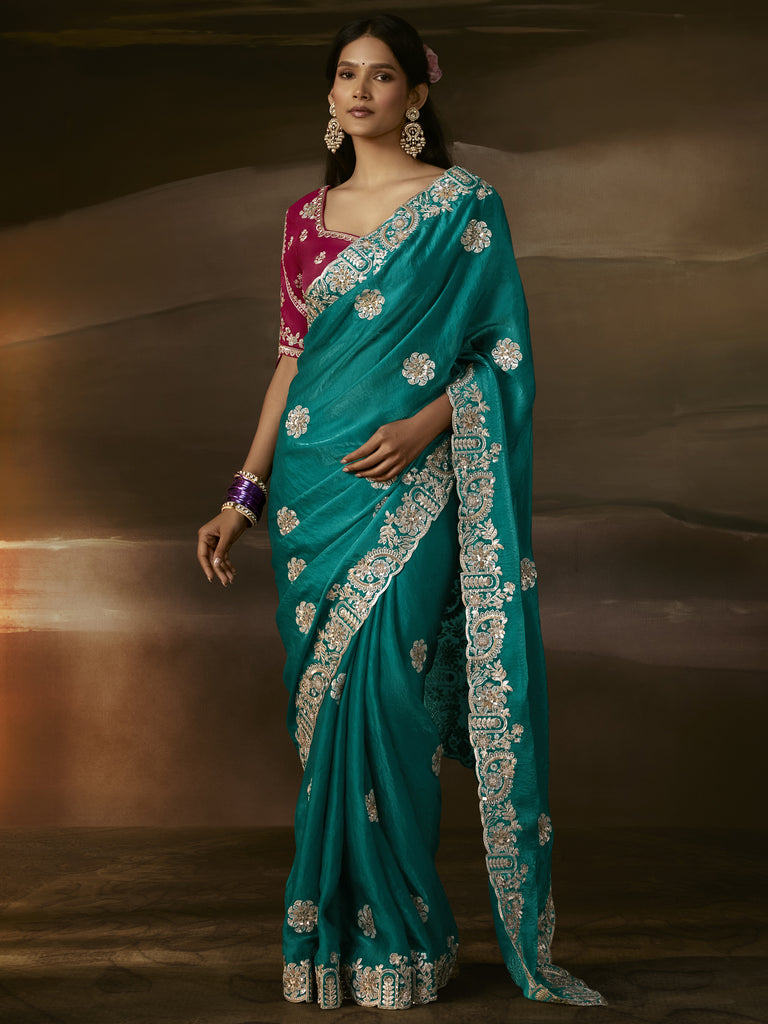 Superb Teal Green Sequins Organza Party Wear Saree With Blouse