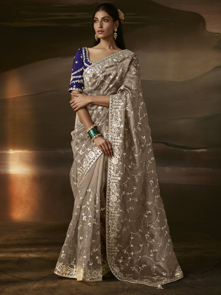 Glorious Beige Aari Work Organza Sangeet Wear Saree With Blouse