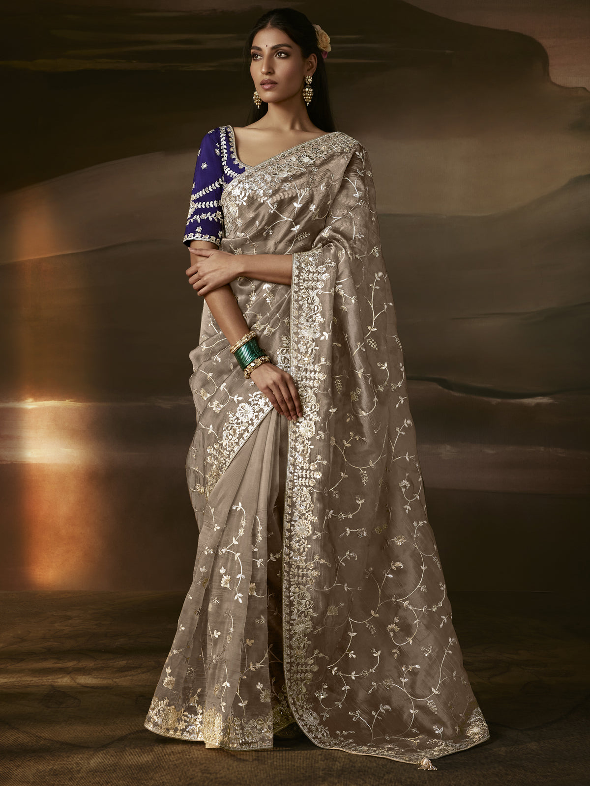 Glorious Beige Aari Work Organza Sangeet Wear Saree With Blouse