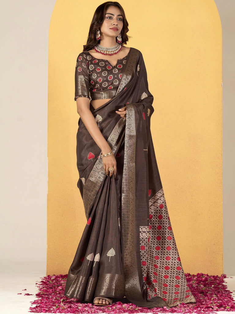 Beautiful Dark Brown Printed Silk Festival Wear Saree With Blouse