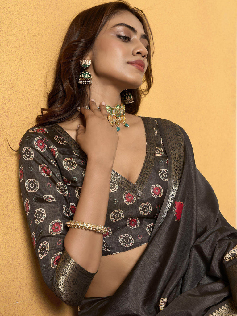 Stunning Black Printed Silk Event Wear Saree With Blouse