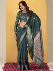Attractive Teal Blue Printed Silk Festival Wear Saree With Blouse