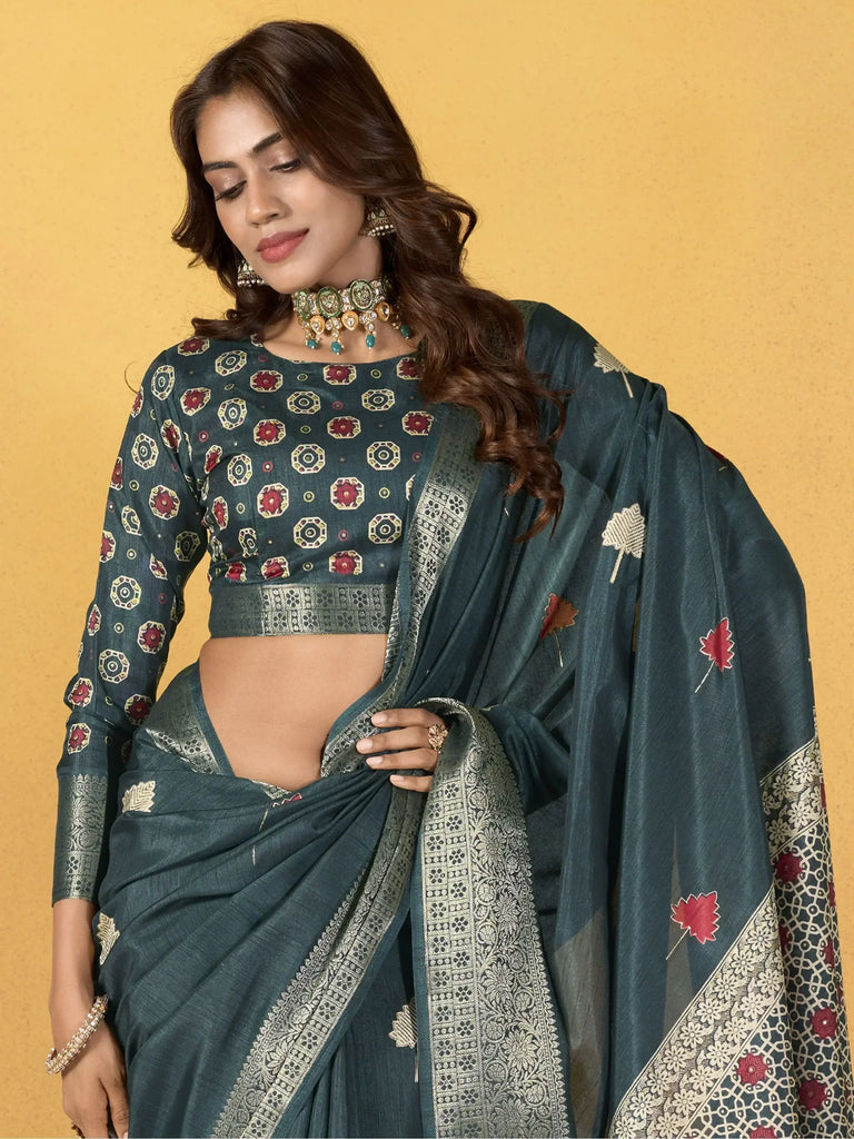 Attractive Teal Blue Printed Silk Festival Wear Saree With Blouse