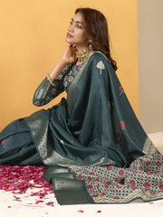 Attractive Teal Blue Printed Silk Festival Wear Saree With Blouse