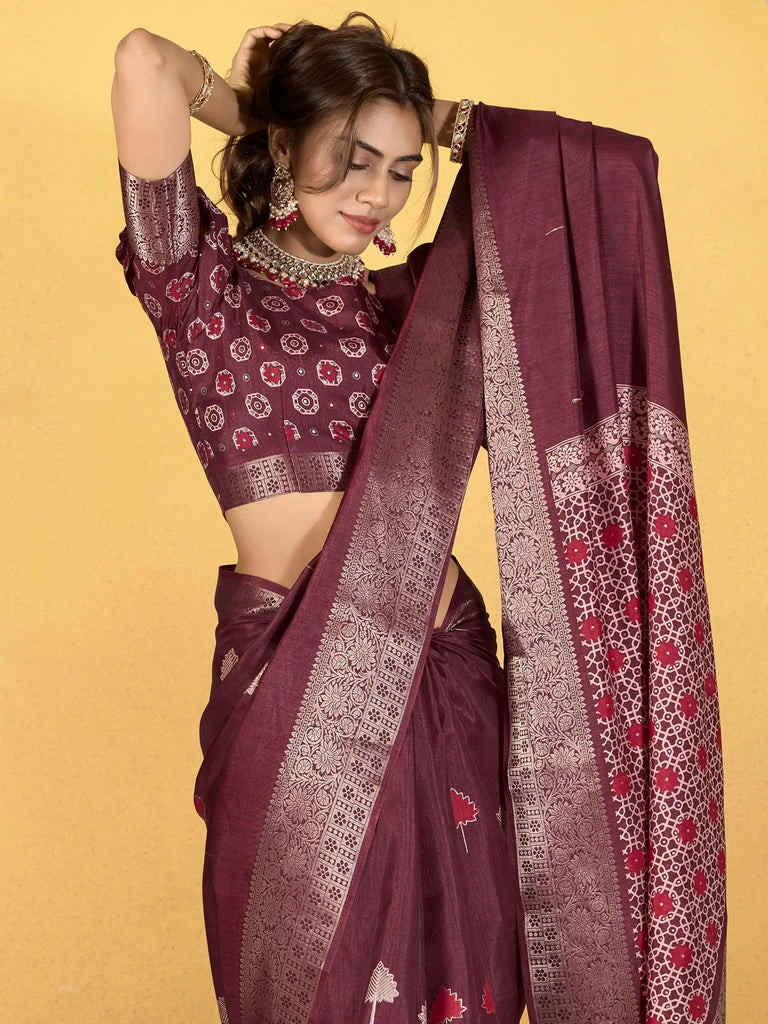 Lovely Maroon Printed Silk Festival Wear Saree With Blouse