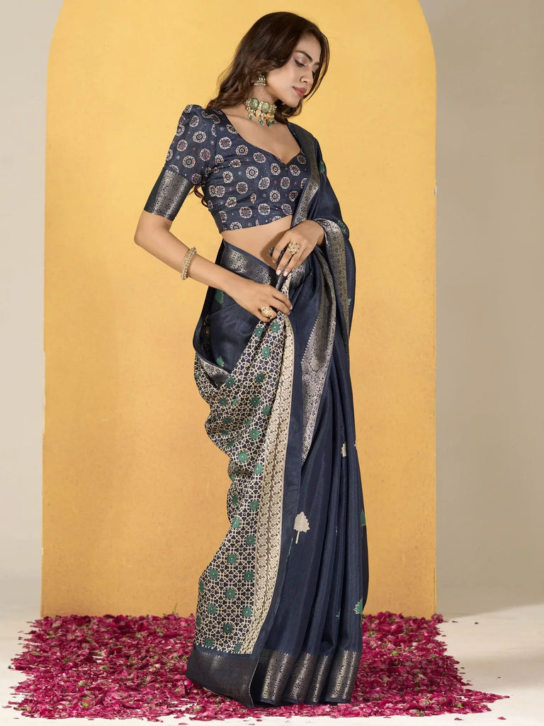 Attractive Navy Blue Printed Silk Traditional Wear Saree With Blouse