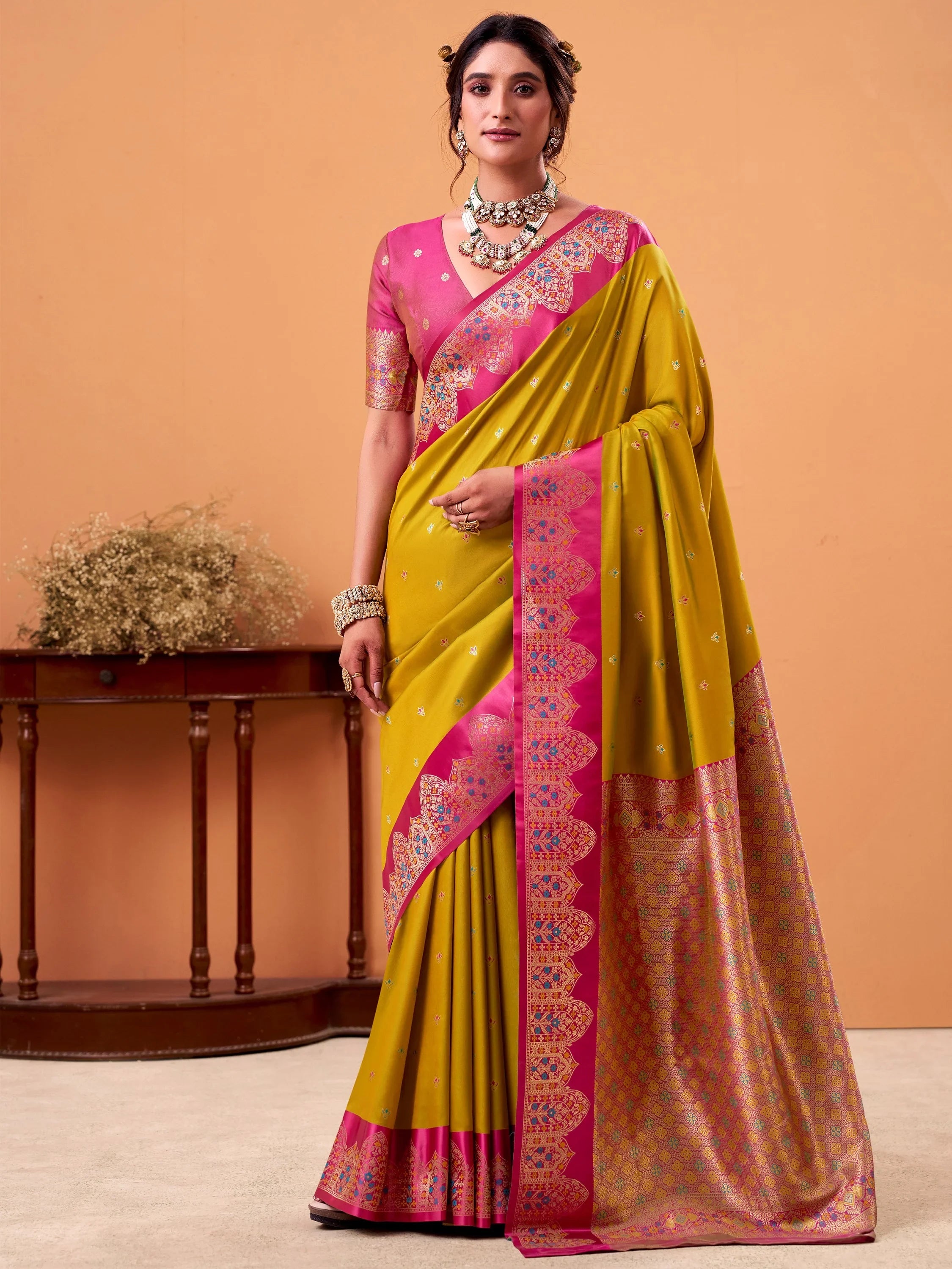 Amazing Yellow Zari Weaving Silk Engagement Wear Saree With Blouse