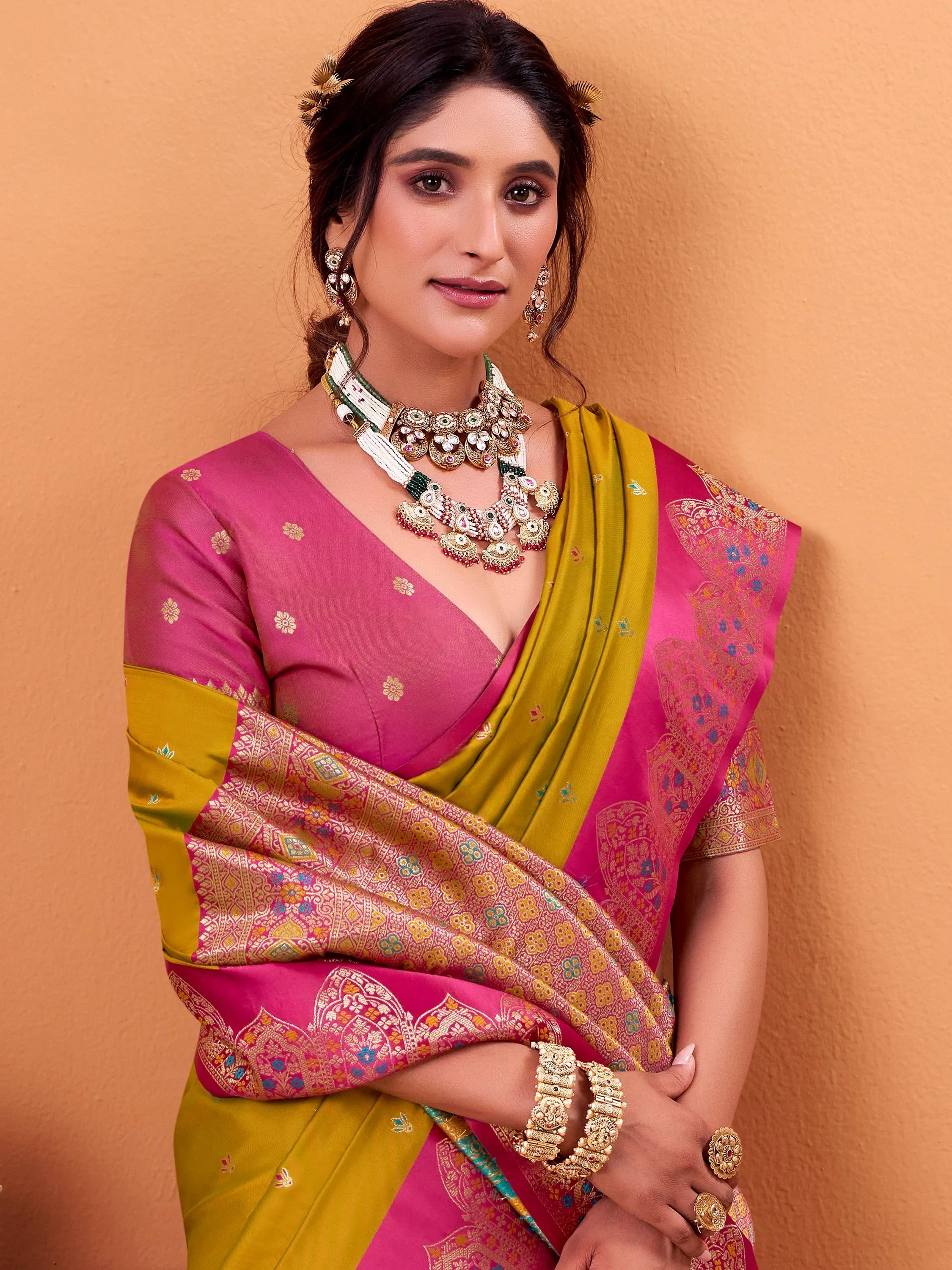Amazing Yellow Zari Weaving Silk Engagement Wear Saree With Blouse
