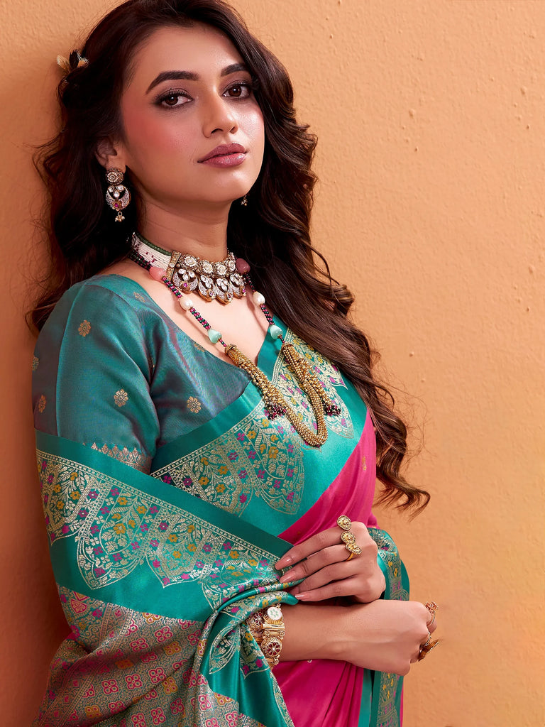 Beautiful Pink Zari Weaving Silk Wedding Wear Saree With Blouse