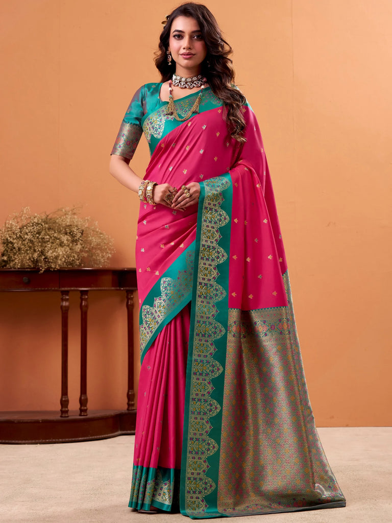 Beautiful Pink Zari Weaving Silk Wedding Wear Saree With Blouse