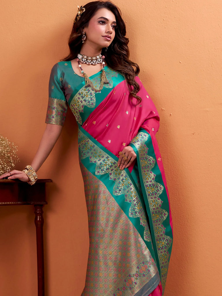 Beautiful Pink Zari Weaving Silk Wedding Wear Saree With Blouse