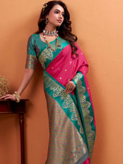 Beautiful Pink Zari Weaving Silk Wedding Wear Saree With Blouse